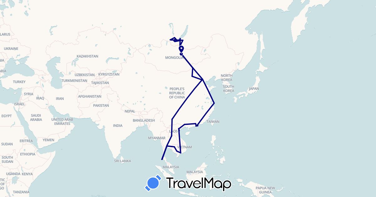 TravelMap itinerary: driving in China, Hong Kong, Cambodia, Laos, Mongolia, Russia, Thailand, Vietnam (Asia, Europe)